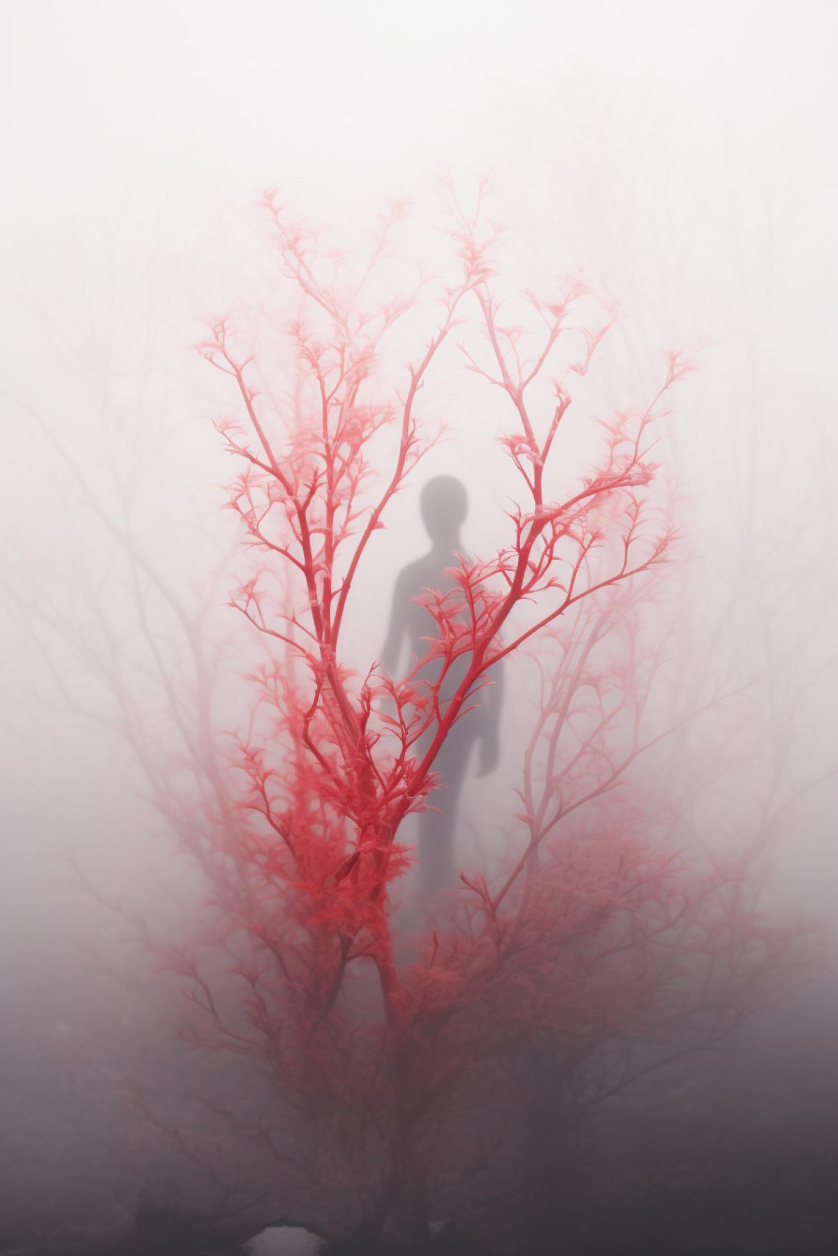 Tree in the style of minimalist figures, light white and red, mote kei, realist-portraits, ethereal photography, ghostly figures, close up, pictorial dram, 50mm