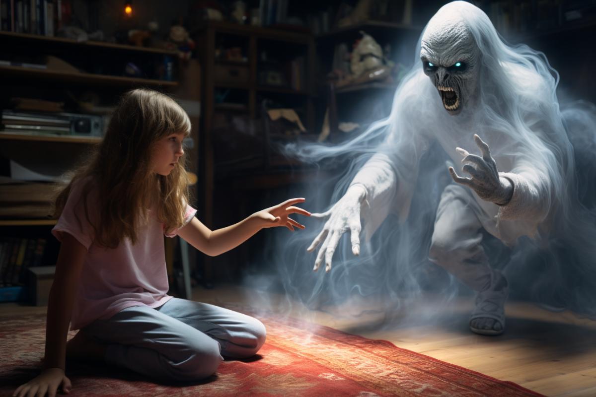 pretty young girl and ghost are playing on the floor of childrens room Photographed by Seth Resnick sharp focus highly detailed dynamic 4k ultra realistic natural lightning and shadows