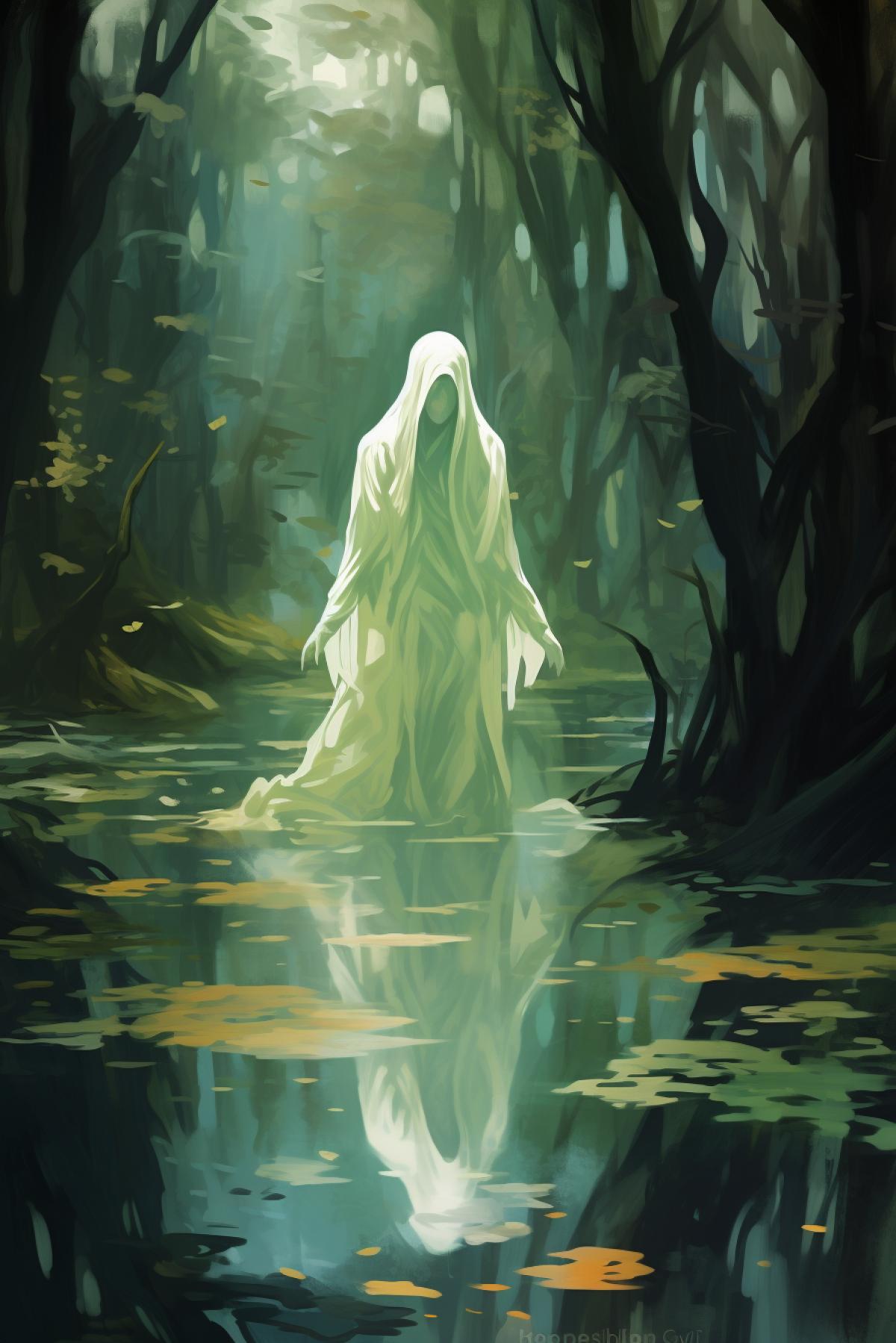 beautiful ghost in a swamp, cel shaded, brushstrokes, hd, painting by Paul Cezanne, John Singer Sargent, Marc Simonetti, Audrey Kawasaki, and Leonid Afremov