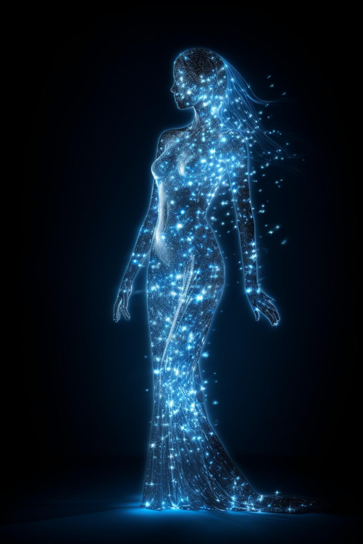 photoshoot of a ghost female silhouette made of a million sparkles. Blue and silver scenery. Low profile view. Ultra realistic