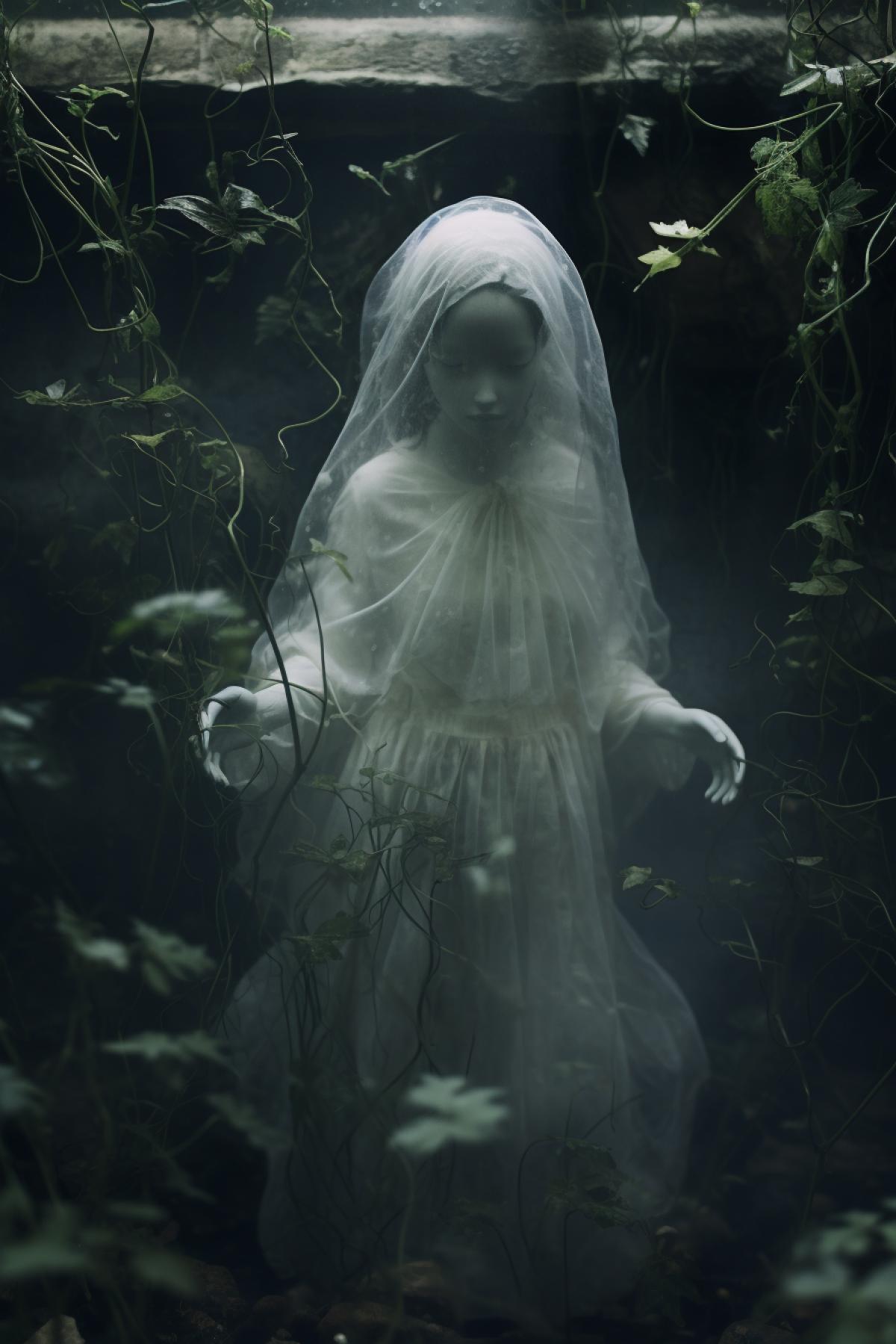 Little ghost girl in abandon garden , she have ghostly transparent body, horror, creepy, cinematic, photorealistic, atmospheric