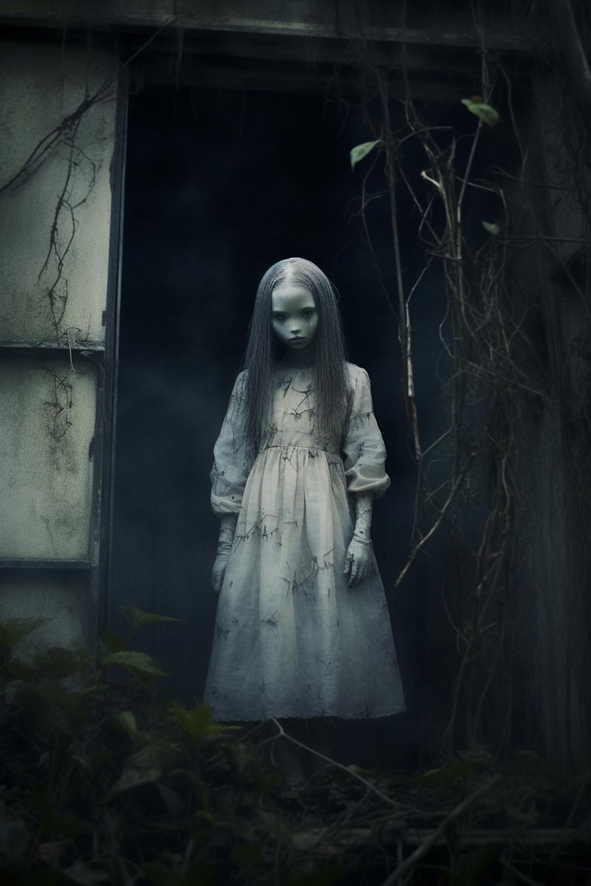 Little ghost girl in abandon garden , she have ghostly transparent body, horror, creepy, cinematic, photorealistic, atmospheric, Katia Chausheva style