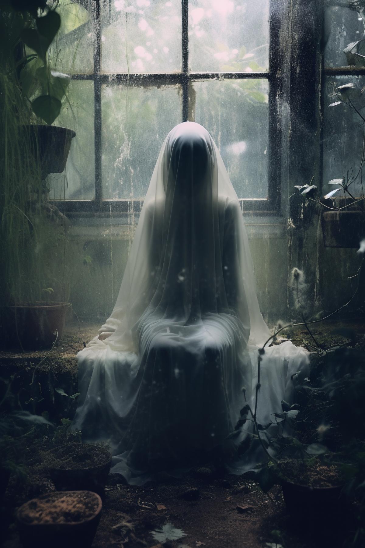 Little ghost girl in abandon garden , she have ghostly transparent body, horror, creepy, cinematic, photorealistic, atmospheric