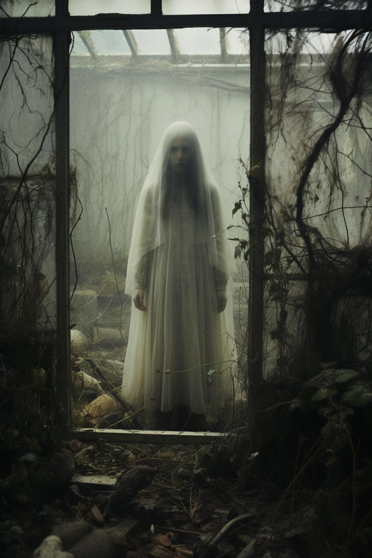 Little ghost girl in abandon garden , she have ghostly transparent body, horror, creepy, cinematic, photorealistic, atmospheric, Katia Chausheva style