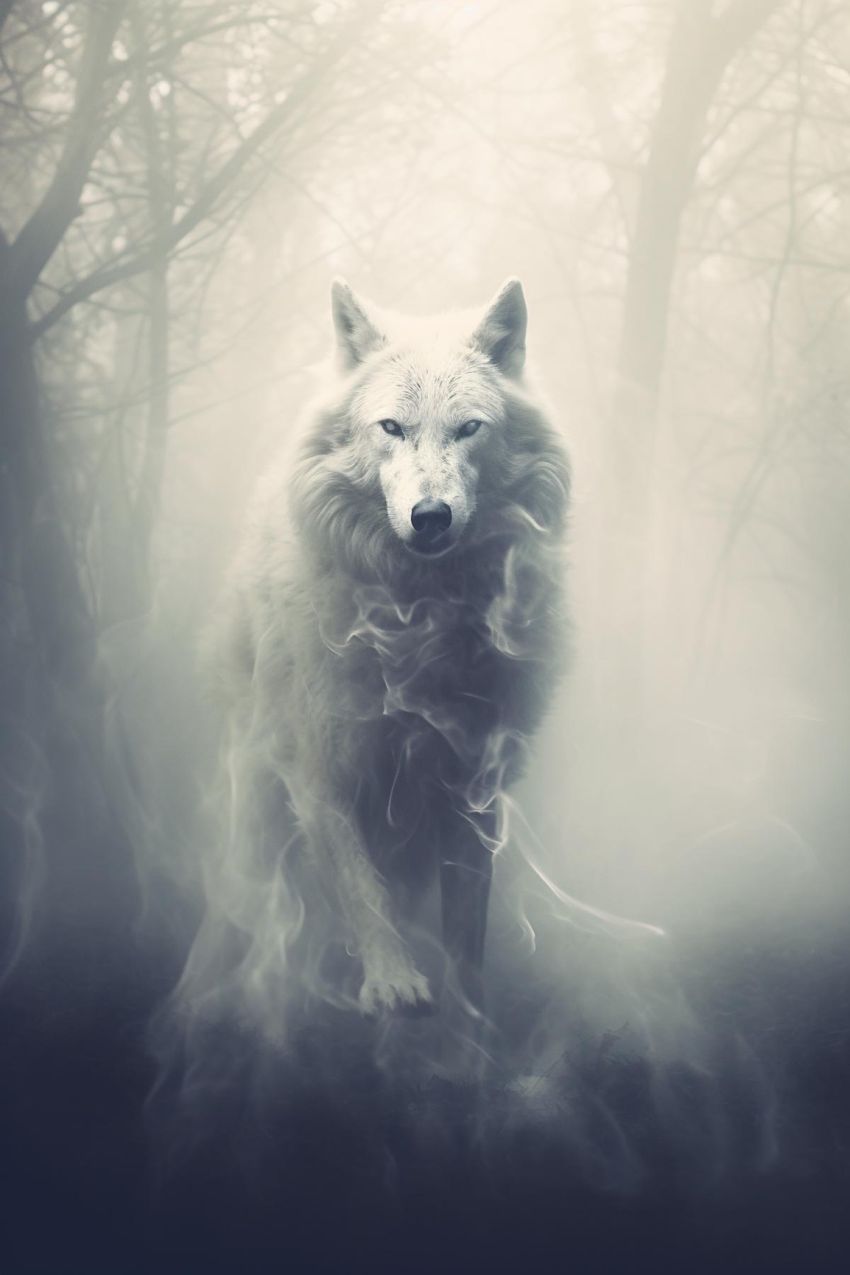 Ghost transparent wolf made in white fog, phantom, poltergeist, dark forest, fog, gothic, atmospheric, cinematic, photorealistic