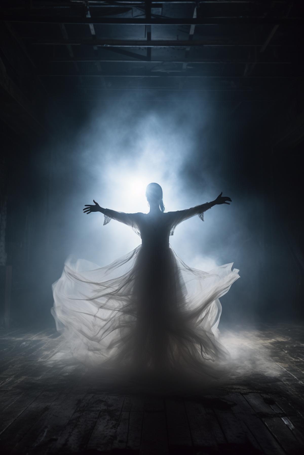 A ghostly transparent ballerina dancing in an abandoned theater, her body made of fog, phantom, poltergeist, horror, cinematic, dynamic, atmospheric