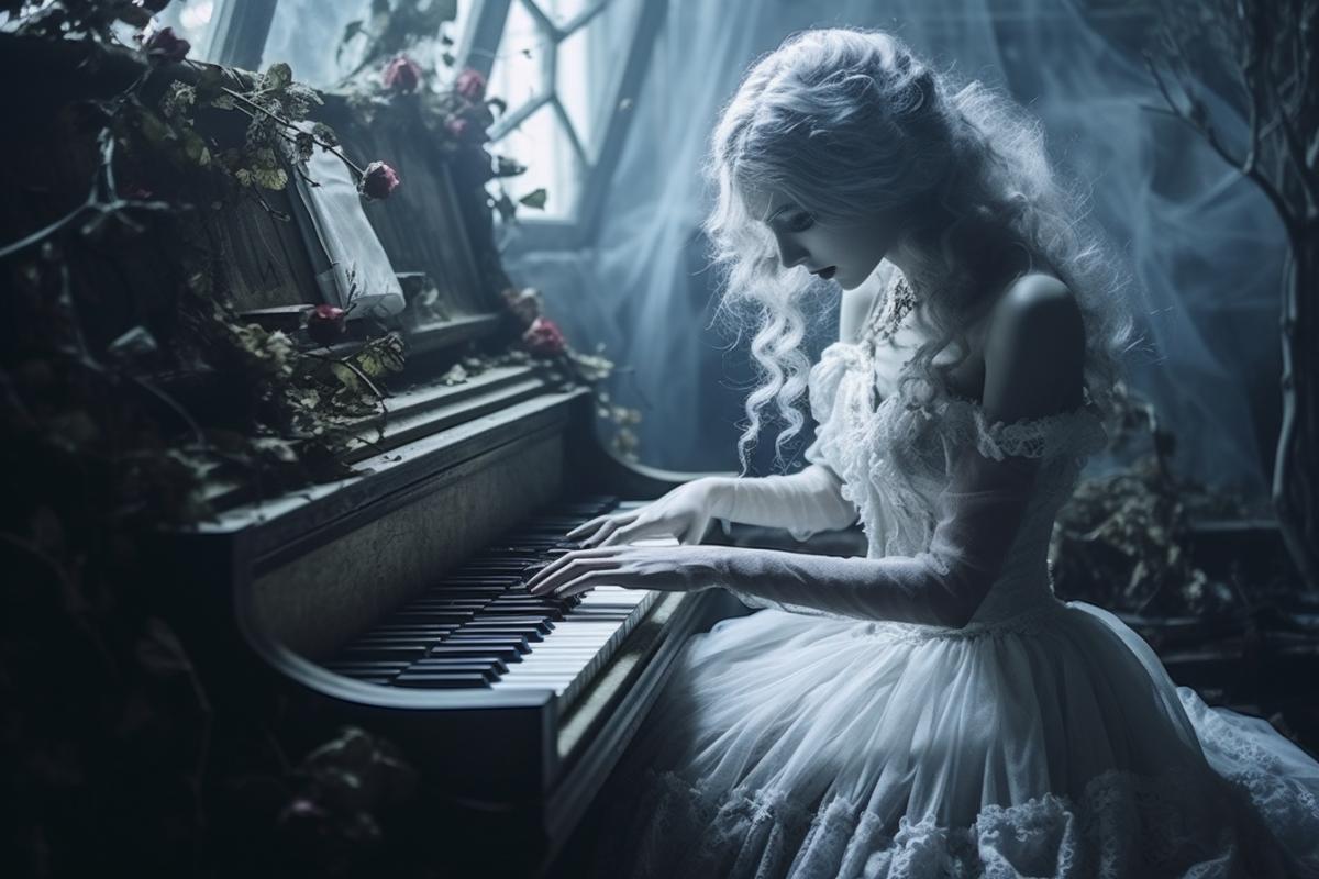 Ghost transparent girl playing the piano, rococo, abandoned room, many dead roses, aristocratic, phantom, poltergeist, horror, creepy, cinematic, atmospheric, gothic