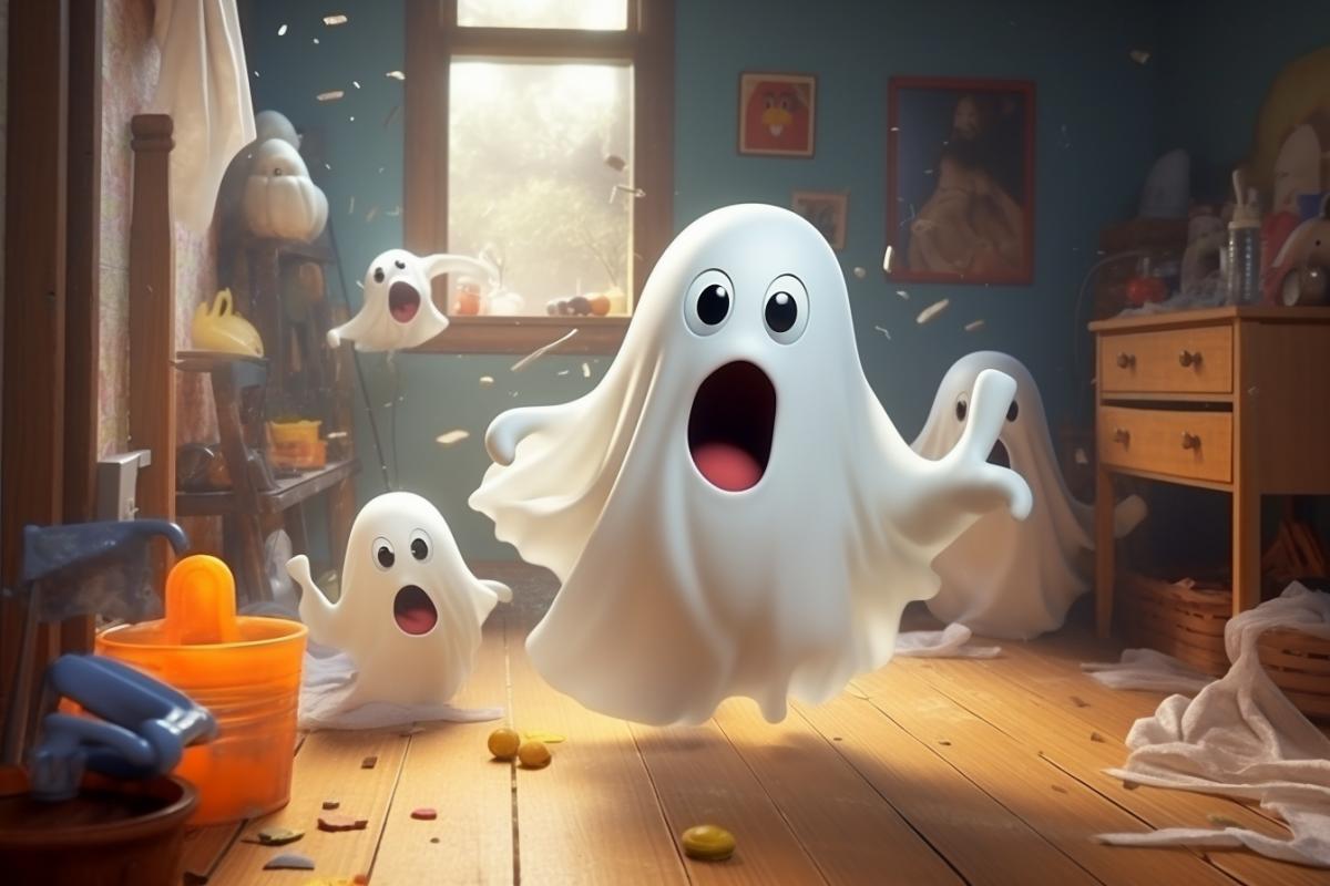 Funny little ghosts destroying room, cute photorealistic, dynamic, cinematic