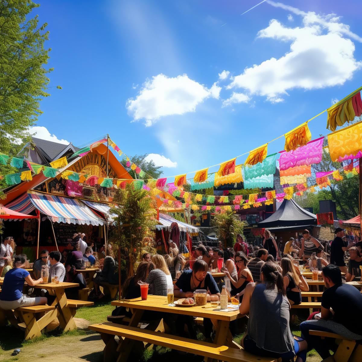Colorful tents, joyful crowds, sunny afternoon, people in traditional attire, glasses of craft beer.