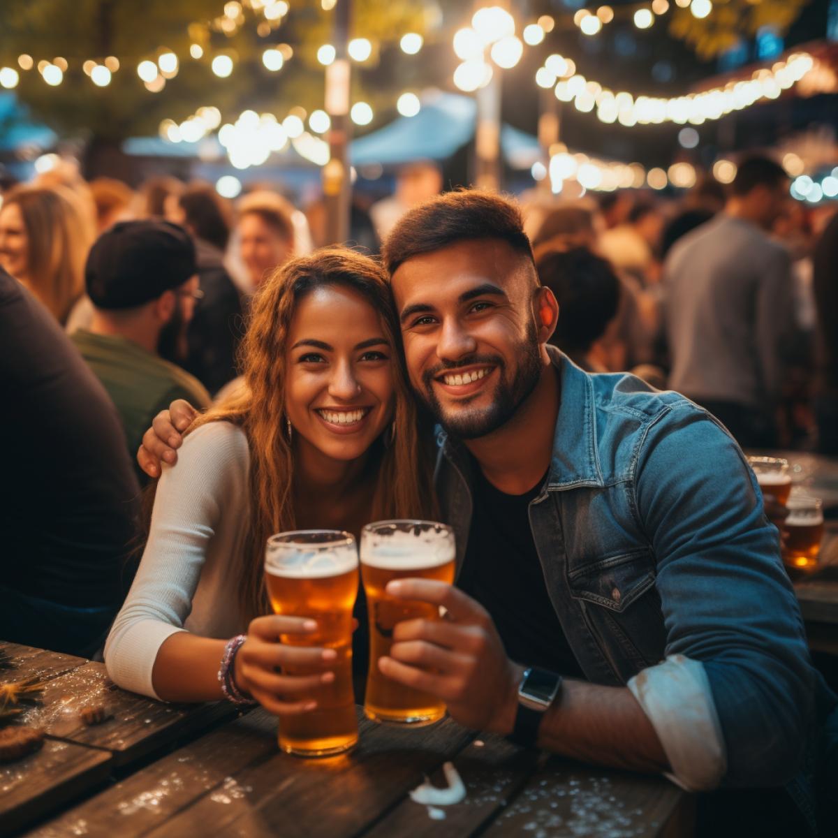 Beer Festival: Friends enjoying the lively atmosphere, evening, vibrant lights, mugs of frothy beer.