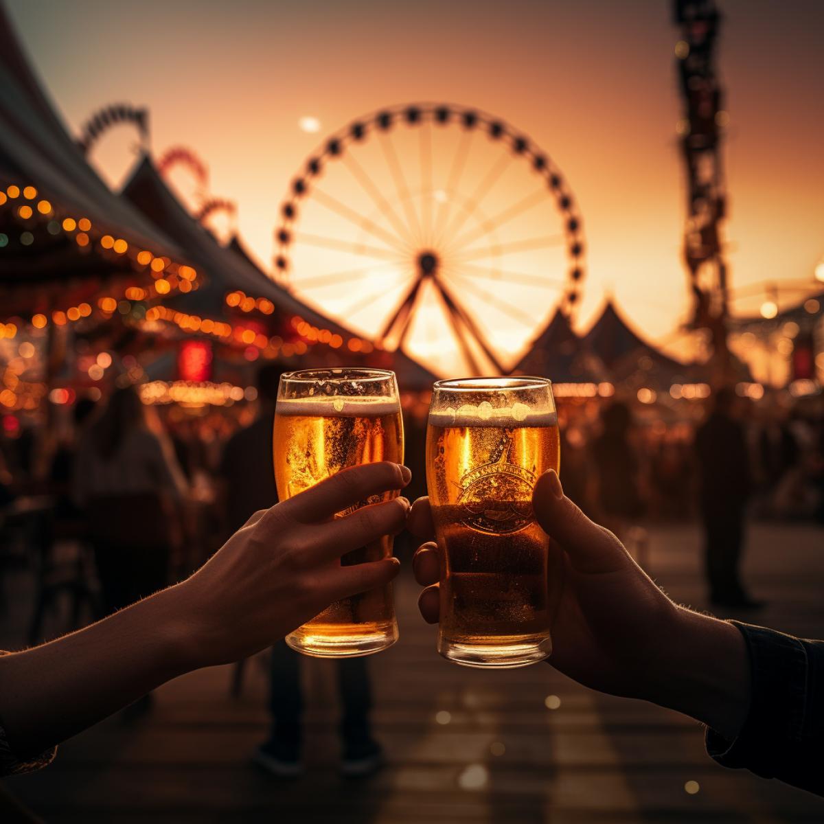 Beer Festival: A couple holding hands, a romantic sunset, Ferris wheel in the background, dark beer mugs.