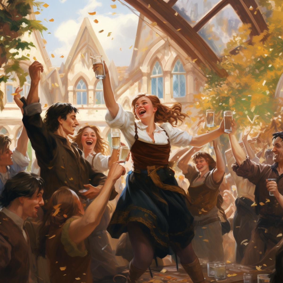 Beer Festival: A group of youngsters dancing under a beer pavilion, daytime, laughter, a variety of beer glasses.