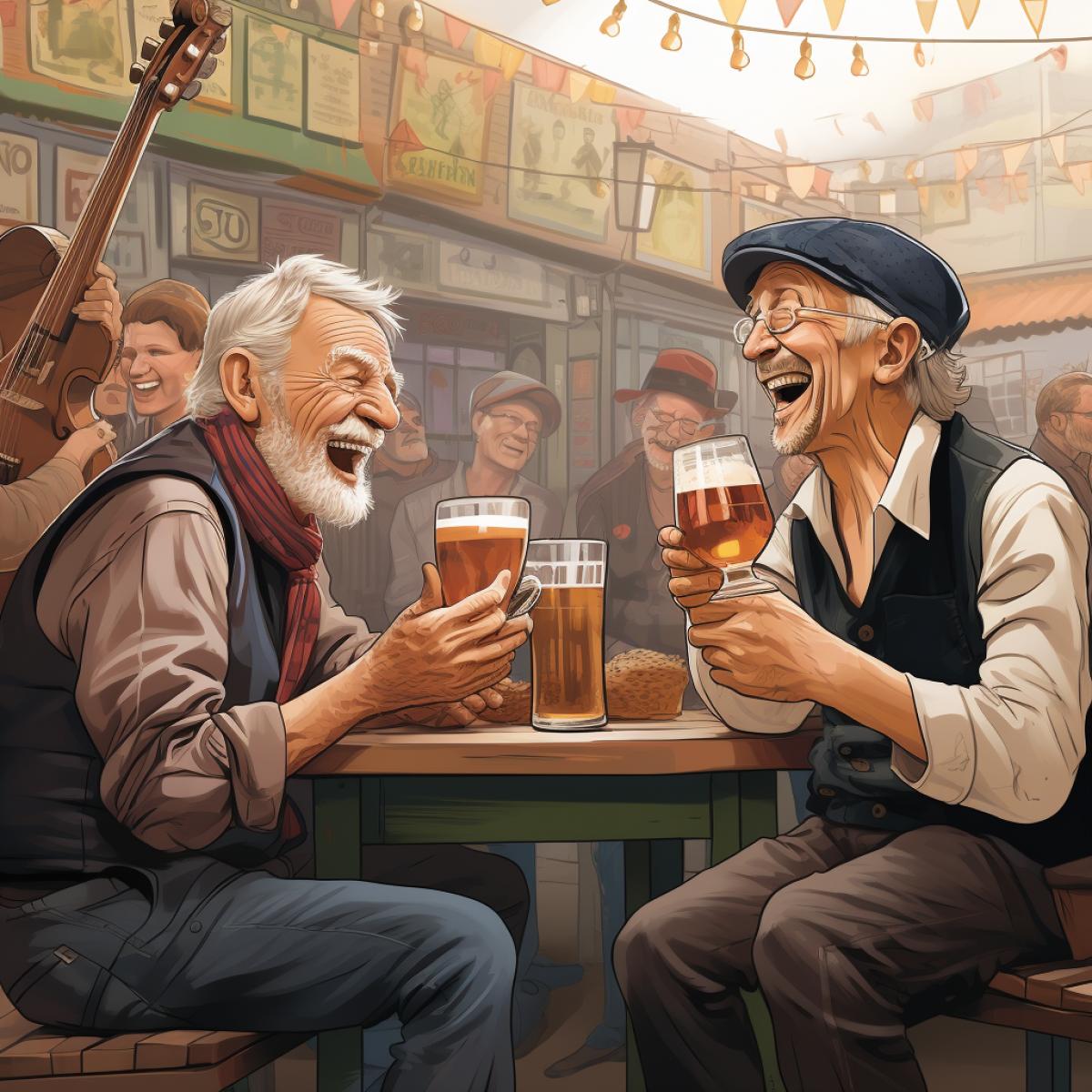 Beer Festival: A street musician playing the harmonica, an elderly man listens with delight, a table with diverse beers.