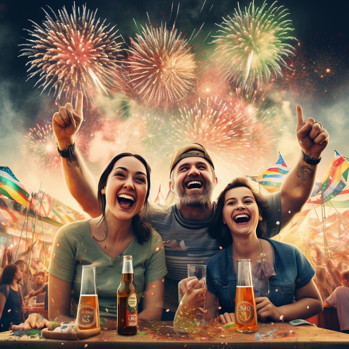 Beer Festival: A cheerful family celebrating, smiles, a spectacular fireworks display, bottles with colorful labels.