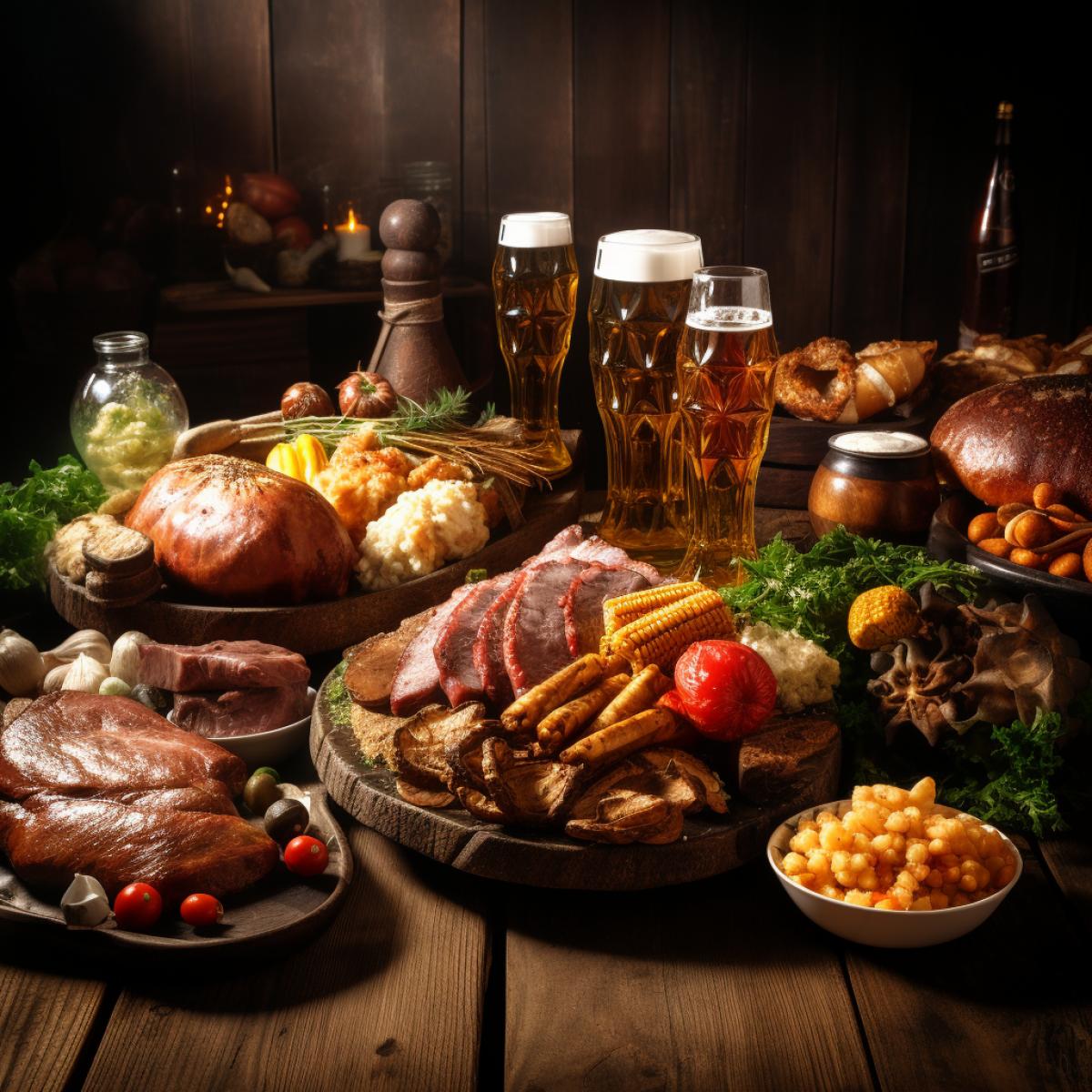 Beer Festival: Traditional dishes and beer on the table, a family gathering, birthday celebration, wooden tables.