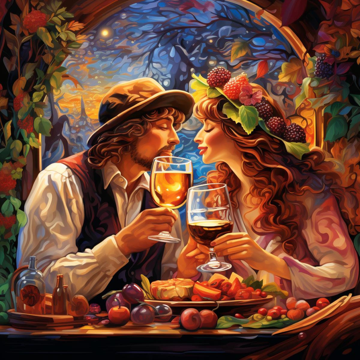 Beer Festival: A loving couple sharing a glass, creative evening, vivid colors, beer with a fruity aroma.