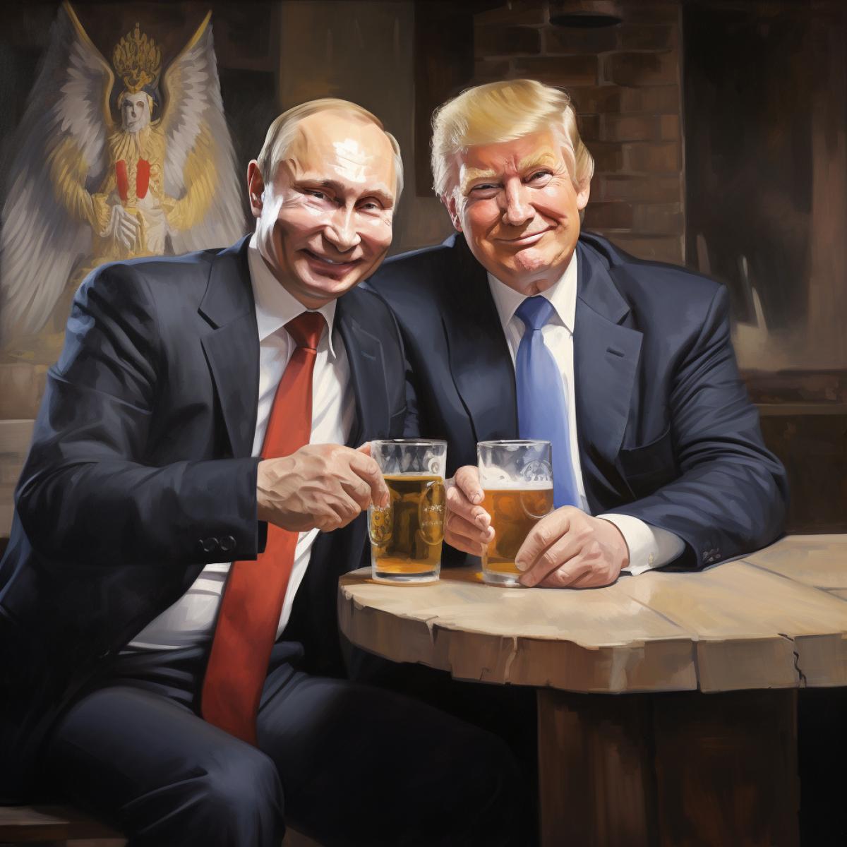 Vladimir Putin and Donald Trump, holding beer, sitting in a bar, realism, smiling