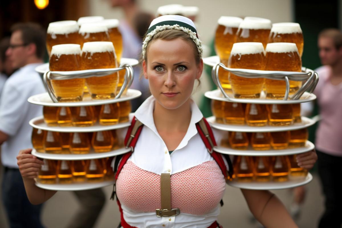 Oktoberfest waitress carries 15 glasses of beer