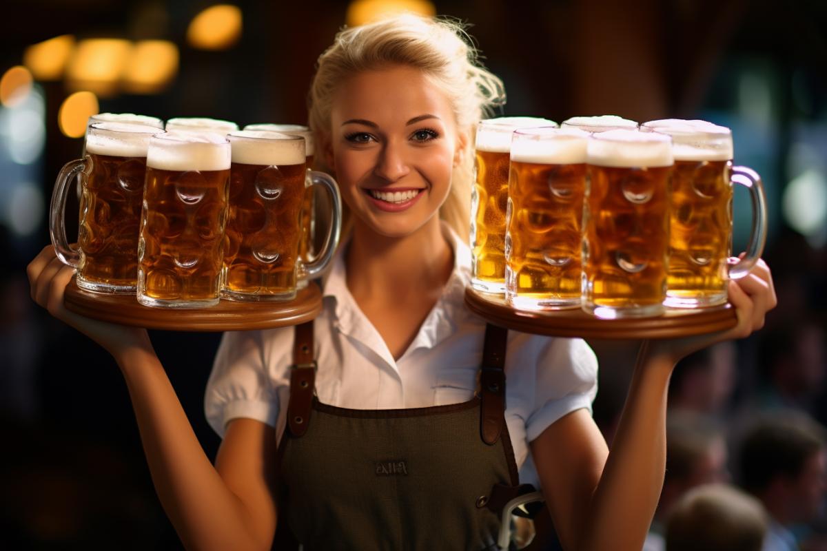 Oktoberfest waitress carries 15 glasses of beer