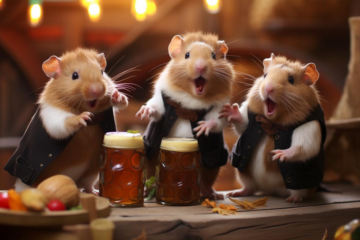 Hamsters drinking beer, festival of beer, Octoberfest, party, photorealistic