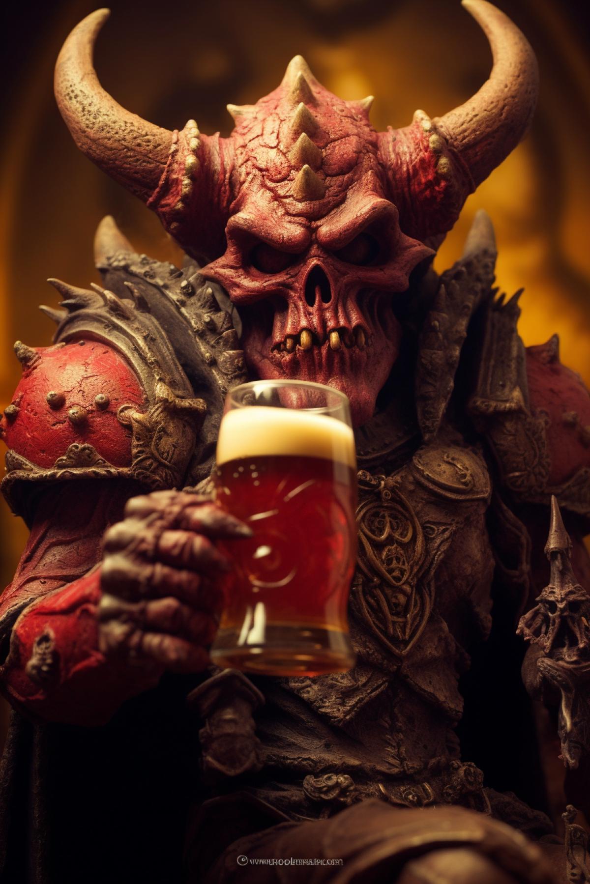 Lord of Hell Ahriman drinks amber foamy beer