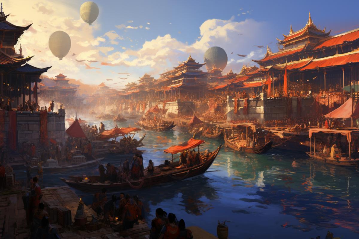A bustling river market scene set in a historical Asian town, wooden boats laden with colorful produce, vendors calling out their wares, intricate details of architecture and daily life, warm golden hour lighting, digital painting, artstation, cultural richness, art by Kim Jung Gi and Ruan Jia, dynamic and lively, capturing a moment frozen in time.