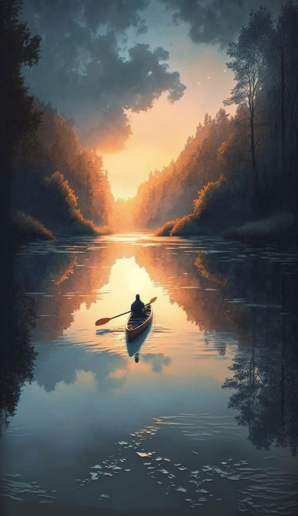 kayaking on the river towards the sunrise, beauty