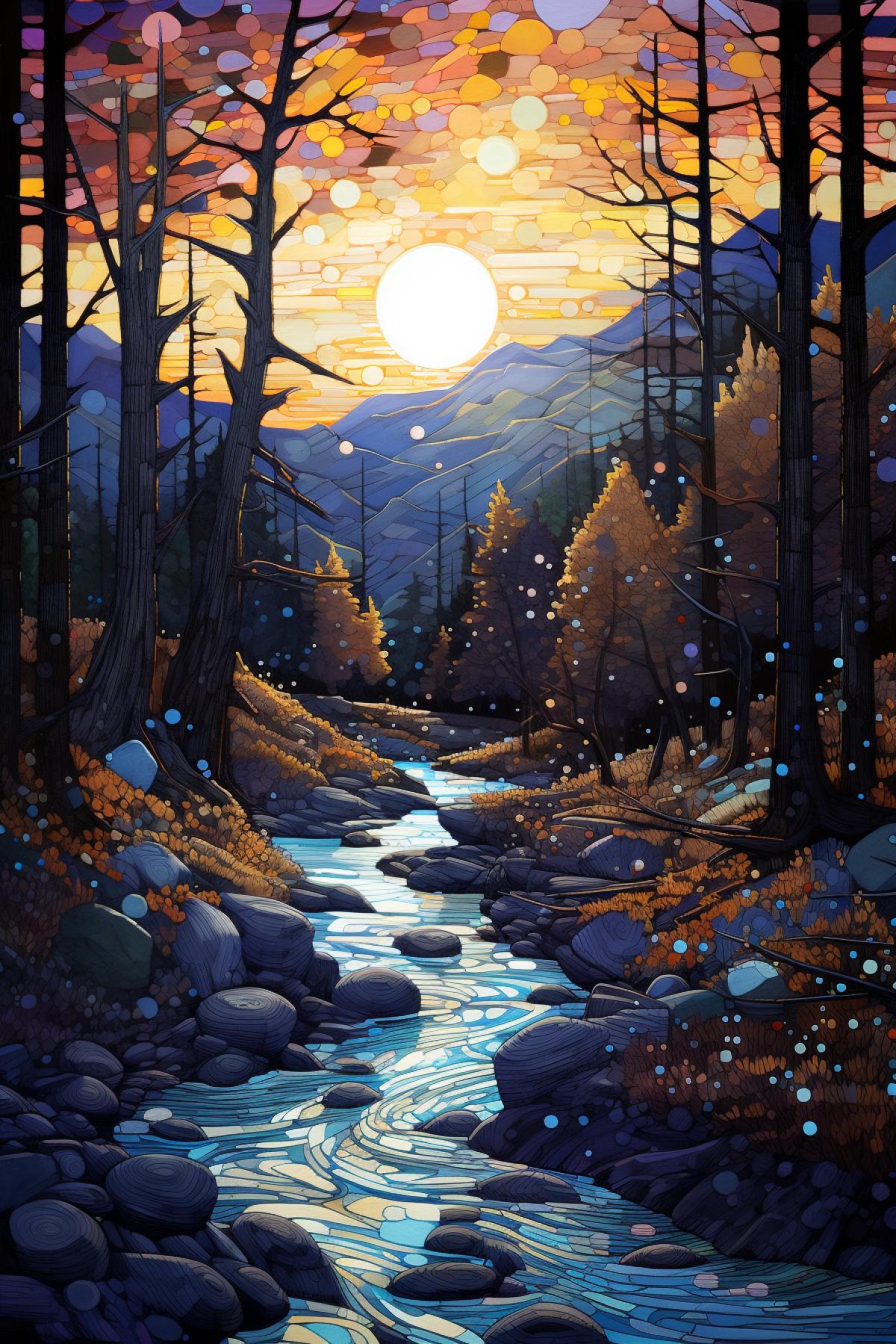 A beautiful vibrant diaphanous impressionist landscape painting, dark autumn forest, mountain river, moonlight, segmented linear diaphanous shaped styling
