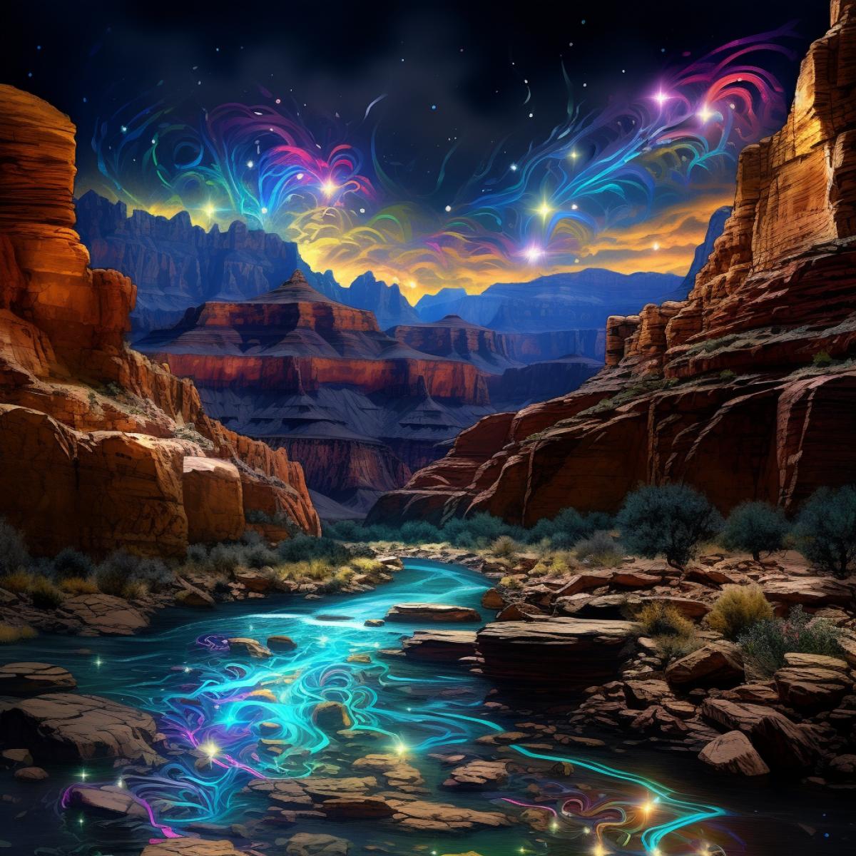 Magnificent Grand Canyon, cliffs, flowing rivers and distant mountains, Side view, light painting, Graffiti, 64K, HDR