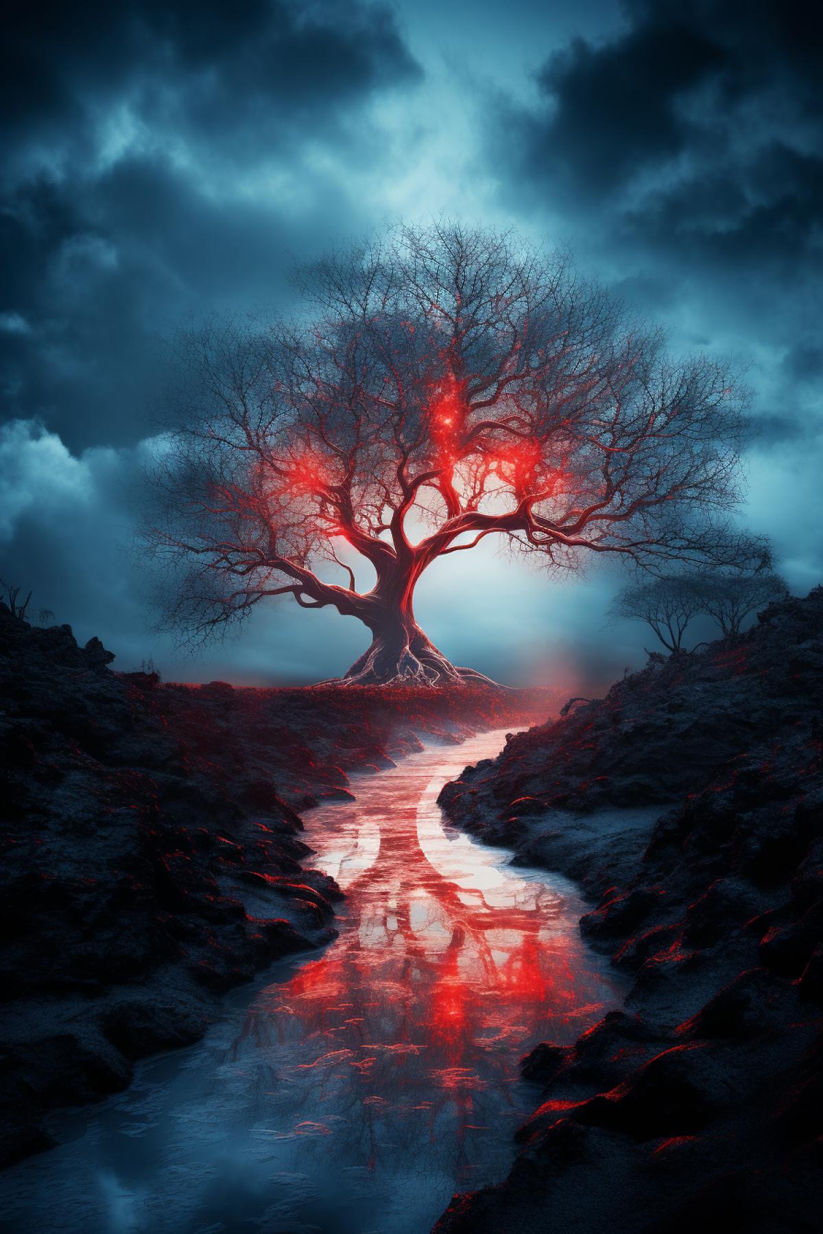 a river, leading to a tree, in the style of cosmic landscapes, dan mumford, light red and blue, ethereal illustrations, radiant clusters, samantha keely smith, joyful celebration of nature:: national geographic photography