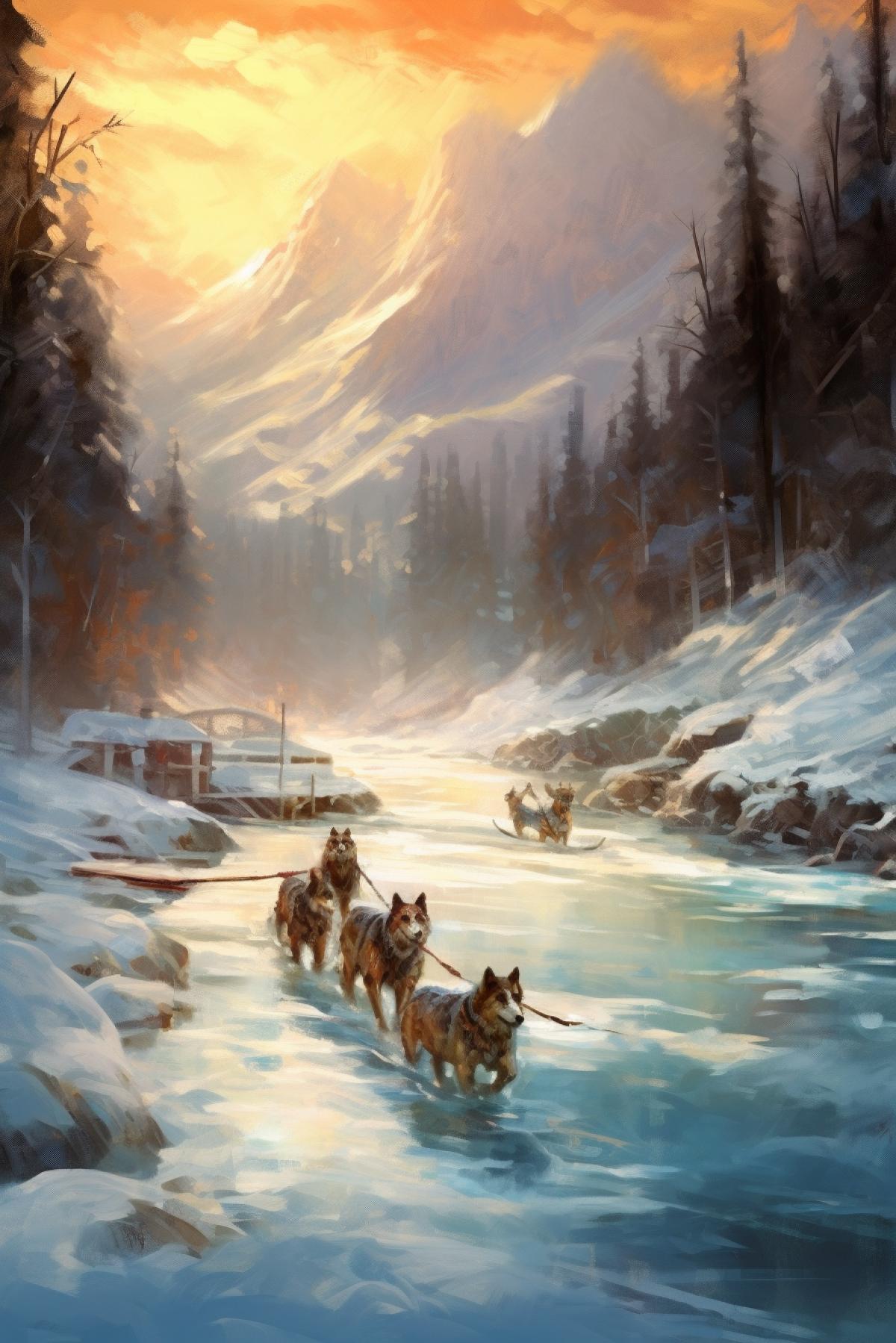 Wide river, winter, mountains around the river, snow, ice, huskies in a sled with a driver running along the river, beautiful