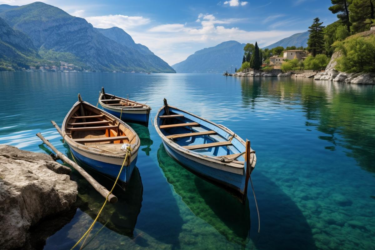 a lake with boats on it, near mountains, italian landscapes