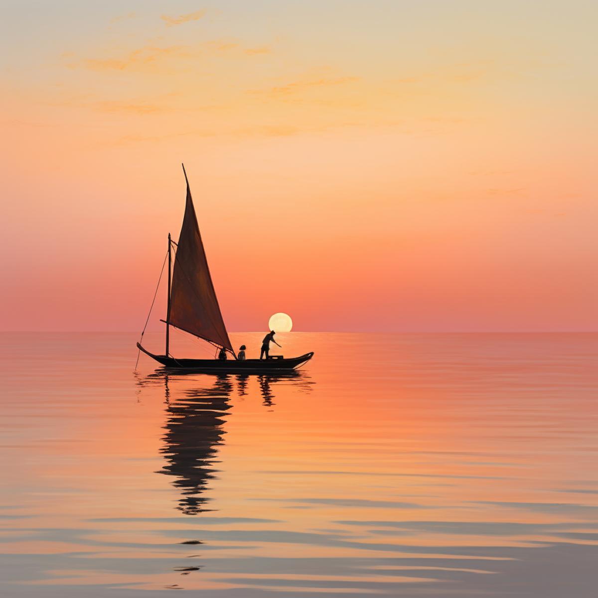 a small watercraft in the area, in the style of soft focus romanticism, silhouette lighting, pink and orange, rudolf ernst, serene oceanic vistas, sharpness, uhd image