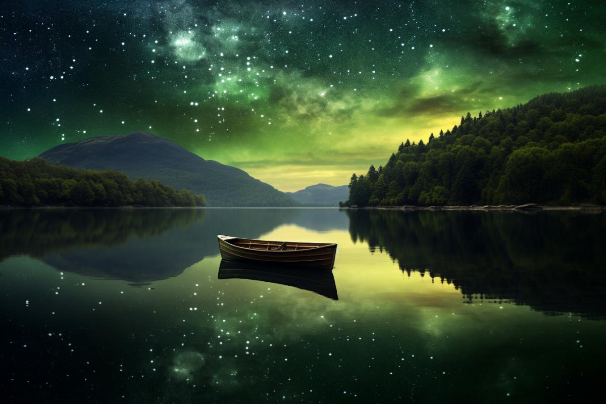 a boat in a lake with the night sky above it, in the style of naturalistic landscapes, light amber and green, calming symmetry, captivating documentary photos, hudson river school, cosmic landscape, wide angle lens --no watermark