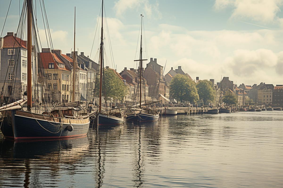 small boats moored in the harbor by ernest scheuermann, in the style of international gothic, danish design, impressive panoramas, contax tix, whimsical skyline, biedermeier, photo taken with provia