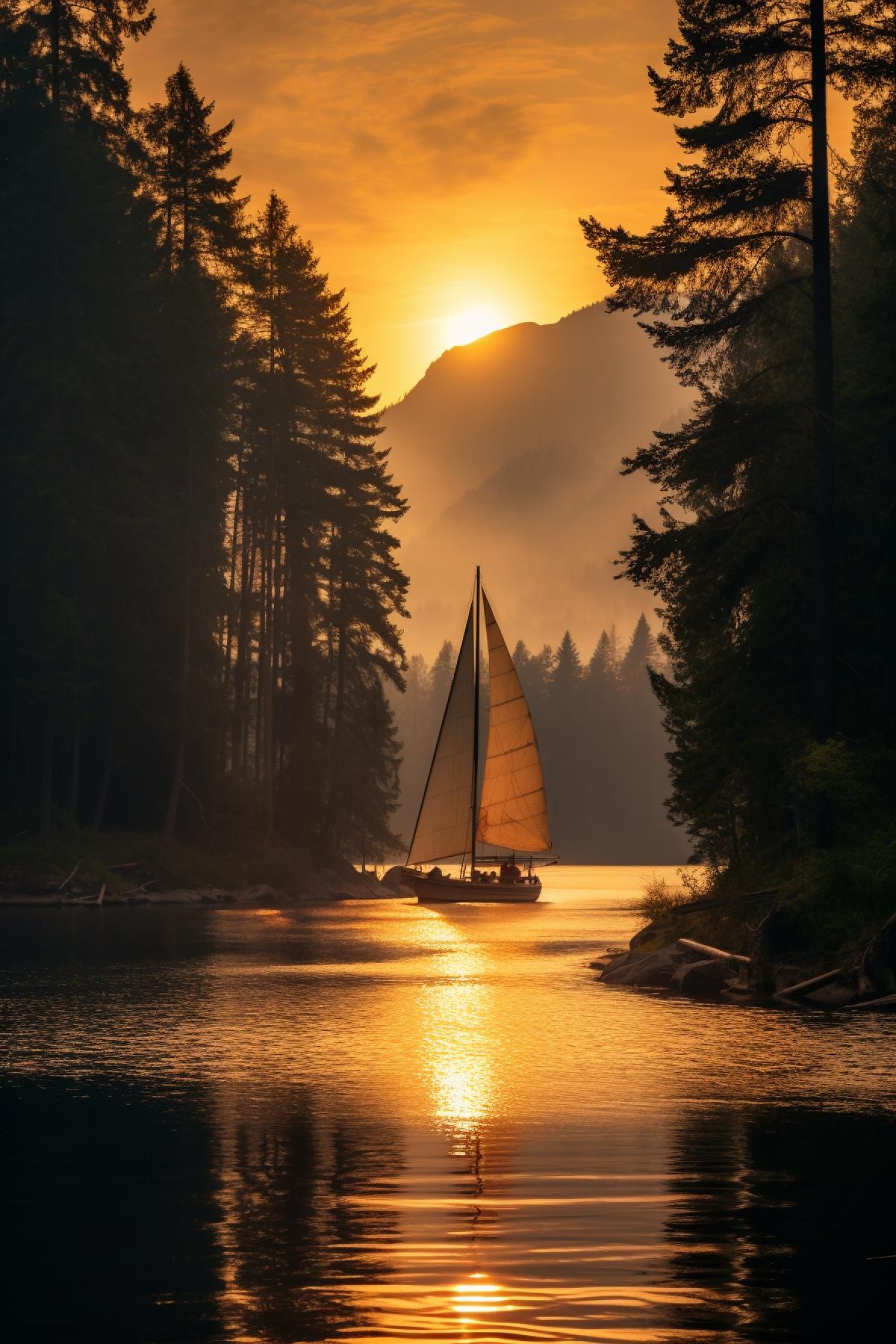 boat sailing on river, mountains and pine trees in the background, sunset, back light, shot in the distance, in the style of ultrafine detail, high quality photo