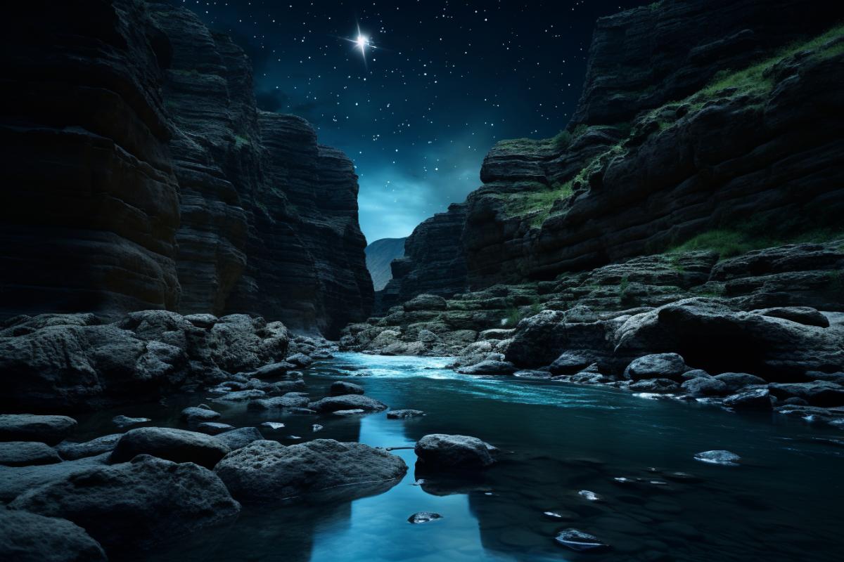 a canyon with a dark tumbling rock,river, in the style of dark sky-blue and teal, zeiss batis 18mm f/2.8, light installations, stockphoto, light bronze, ernesto neto, 8k resolution
