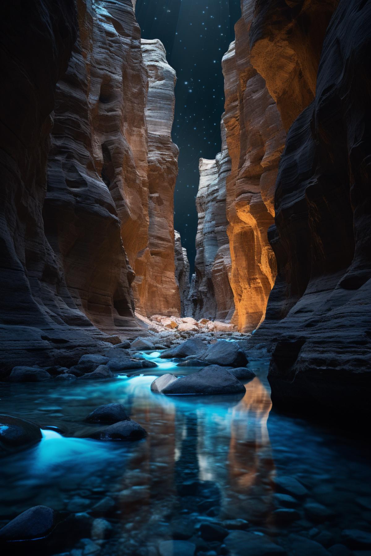 a canyon with a dark tumbling rock, in the style of dark sky-blue and teal, zeiss batis 18mm f/2.8, light installations, stockphoto, light bronze, ernesto neto, 8k resolution