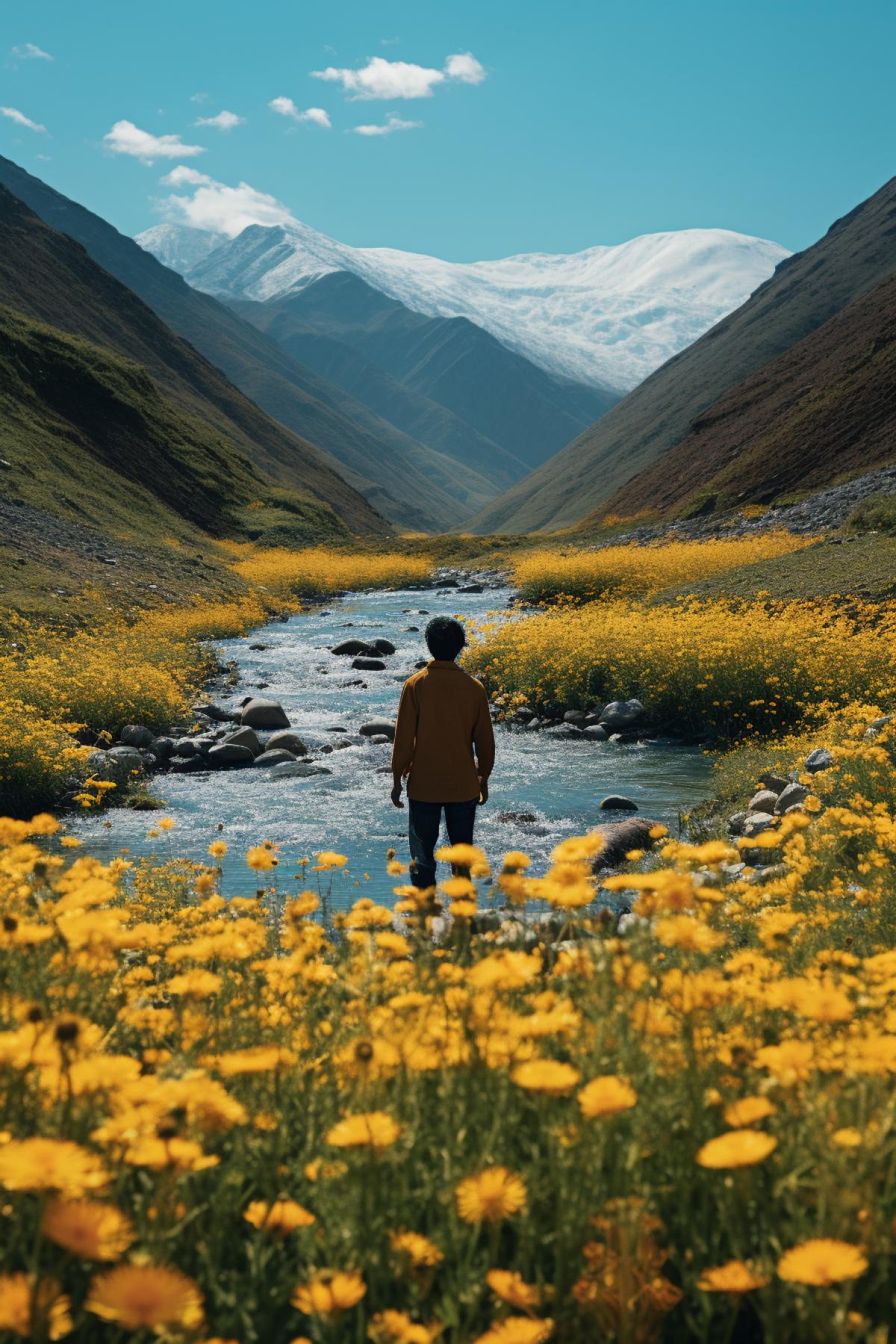 high resolution photograph one person stands on a river filled with flowers, in the style of yellow and azure, saurabh jethani, yashica t3 super, wilderness, adventure themed, lively nature scenes, shot in the style of a canon R5 hikecore