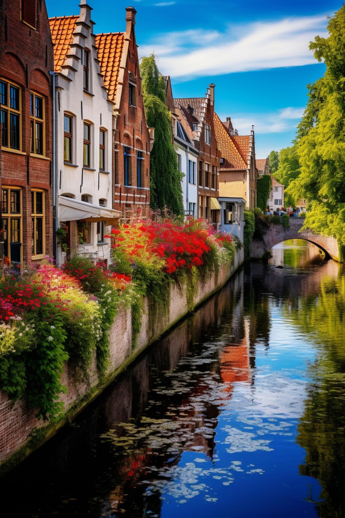European-style houses next to a canal, surrounded by vegetation, vibrant colors, clean sky, in the style of ultrafine detail, high quality photo