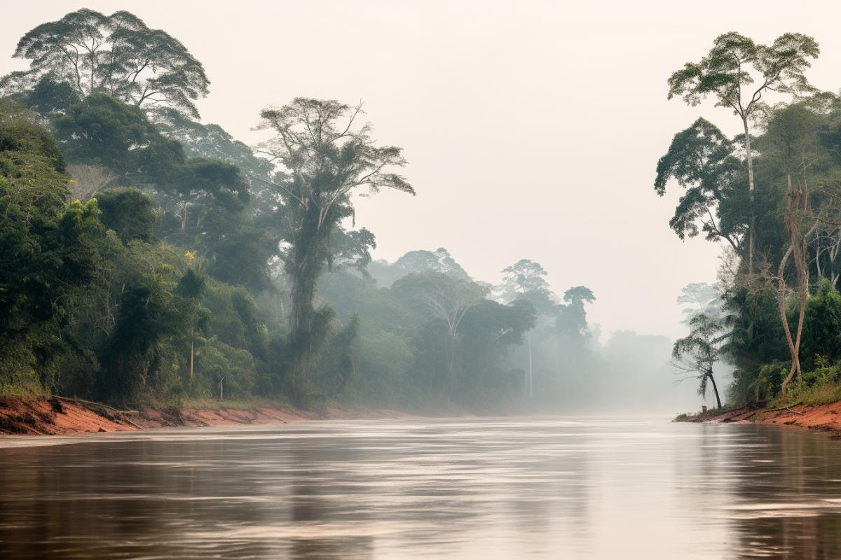 a river with trees behind it, on a foggy day, in the style of benin art, canon ef 85mm f/1.2l ii usm, panorama, light maroon and beige, dayak art, dau al set, horizons