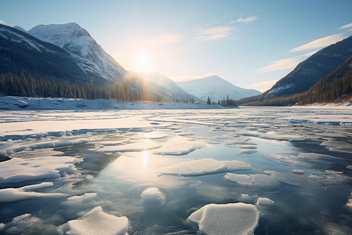 a river running near mountains in a frozen lake, in the style of helios 44-2 58mm f/2, jon mcnaught, stockphoto, george catlin, frank gehry, low depth of field, natural phenomena