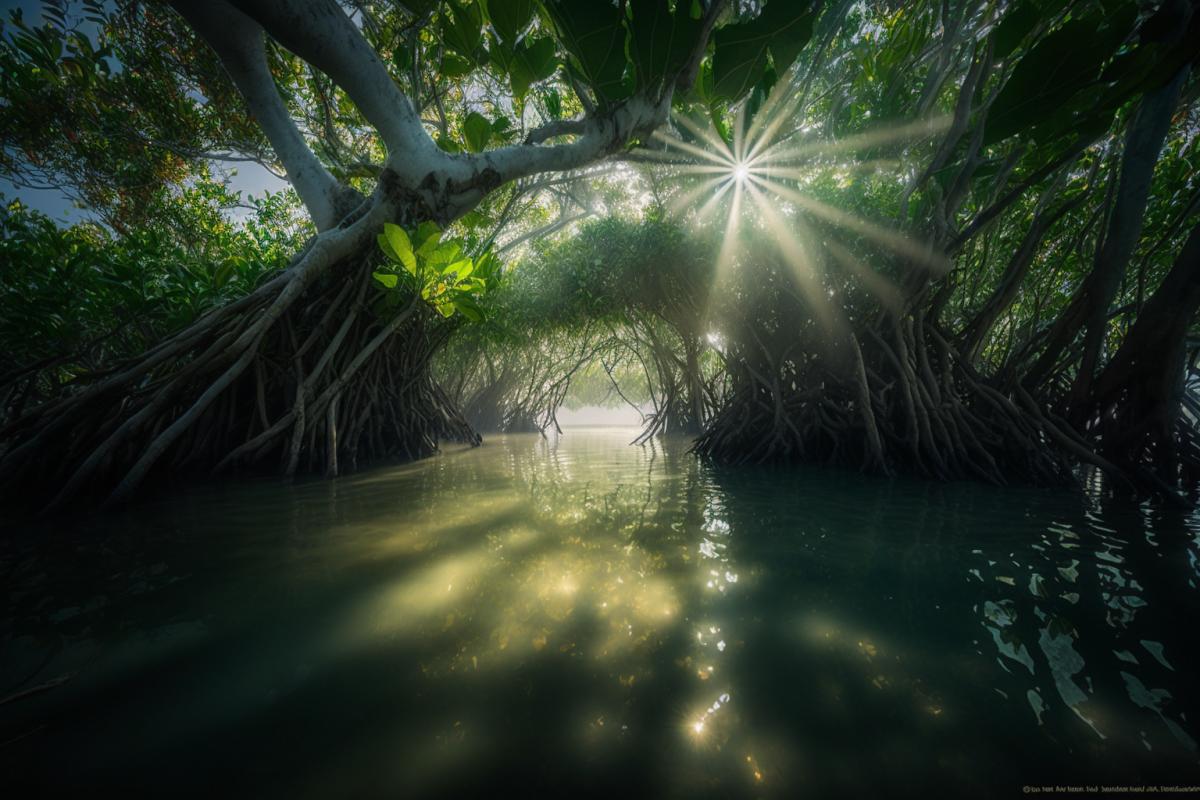 Mangrove forest, morning, haze over the water, sun rays breaking through the leaves, glare of light on the water