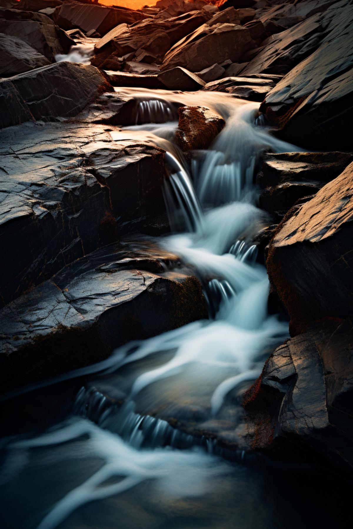 water flowing near the rocks, in the style of sven nordqvist, gutai group, sharp focus, dark emerald and amber, graceful balance, carl zeiss distagon t* 15mm f/2.8 ze, album, folio and fan formats