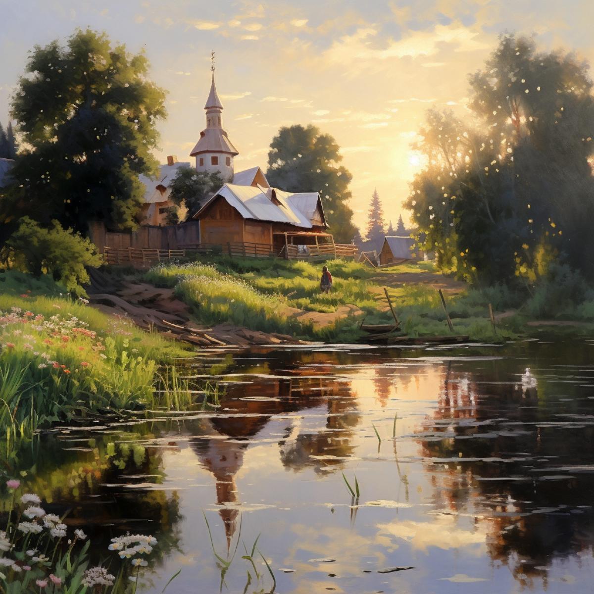 summer morning, Russia, fisherman, village, river bank