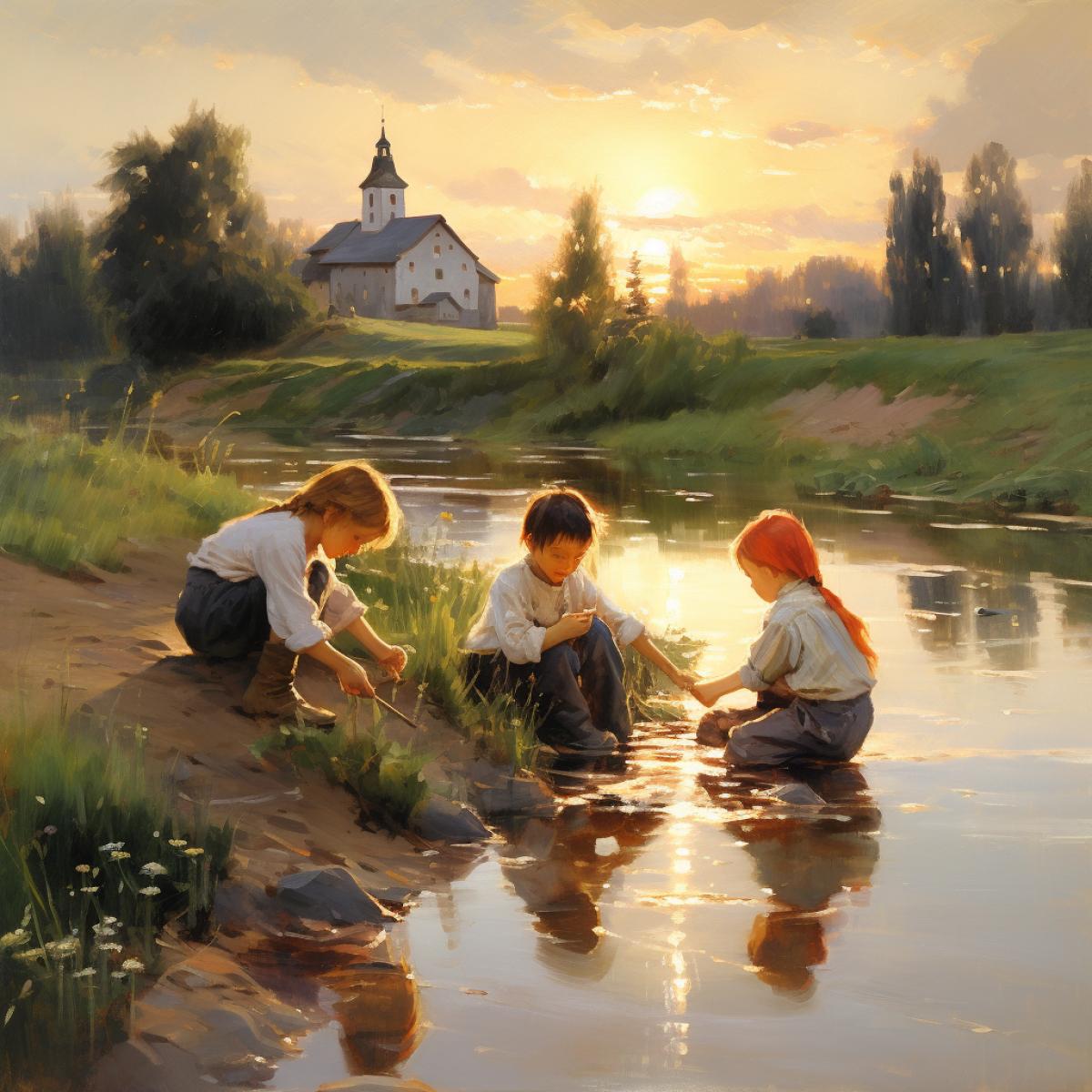 Pleasant summer evening, Russia, children playing on the bank of a village river