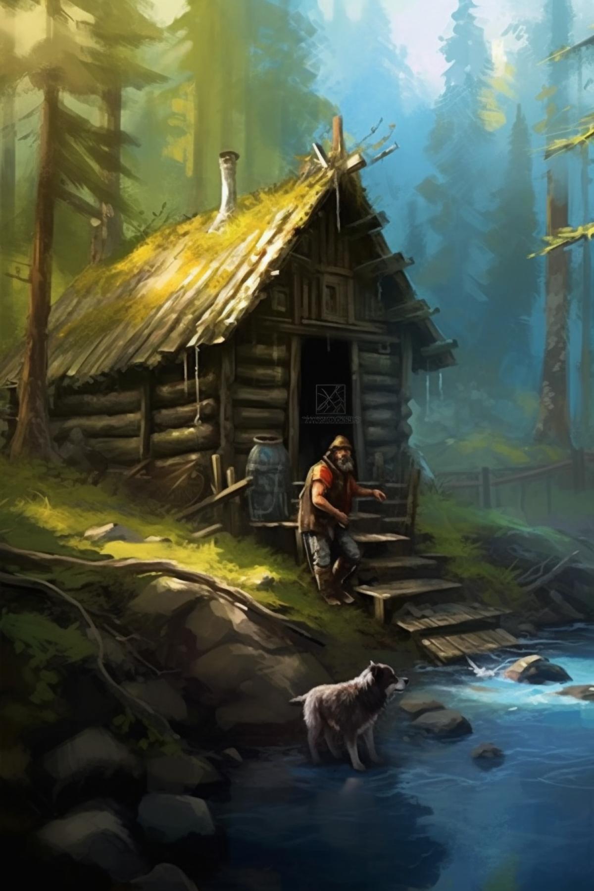 Gold rush times, Klondike, gold miner washes gold in the river, on the shore there is a shack, a fire and a large dog