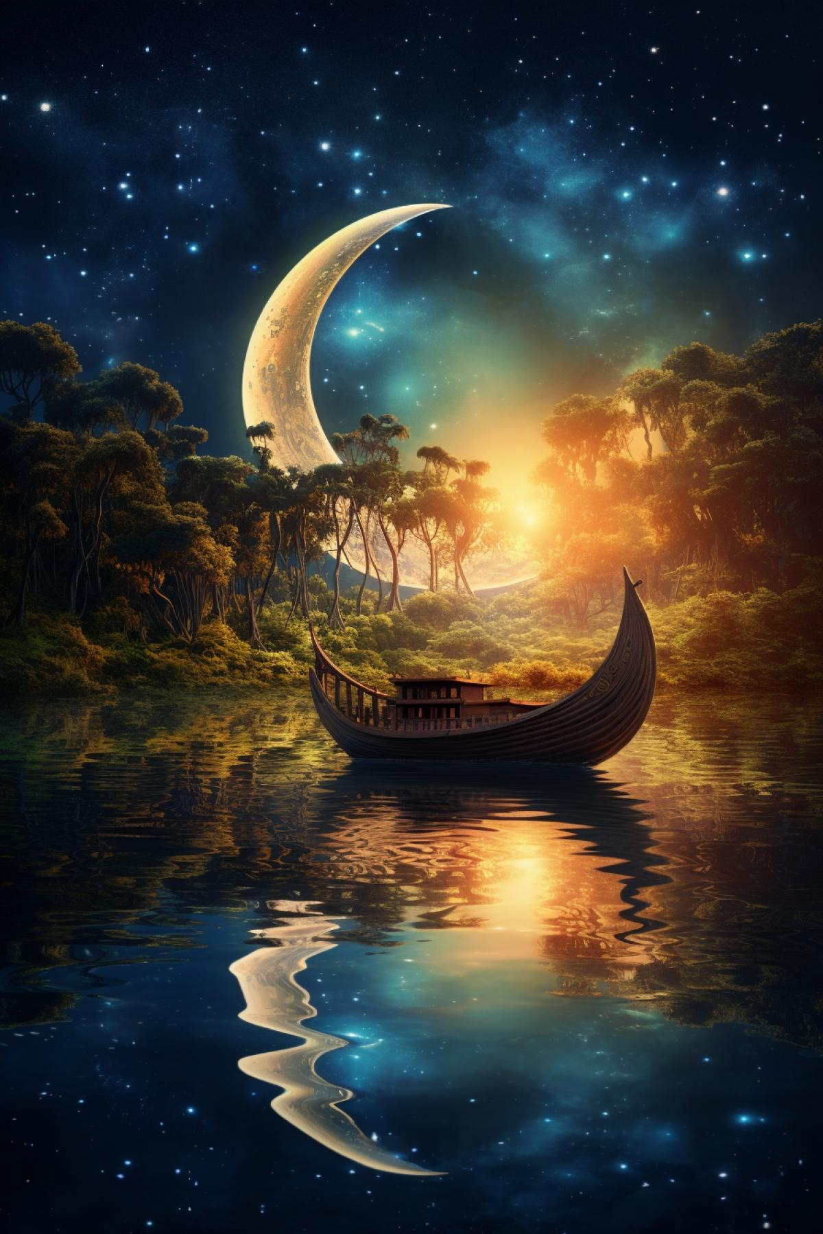 crescent moon shaped boat floating on a night time river into a dreamy wonderland, magical, dreamy, reflective, glowing