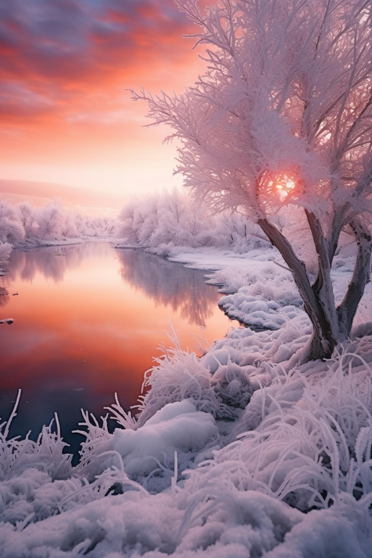 beautiful snowy glacial landscape, red willow trees, beautiful dusk sunset river village, macro photo, Inside the mind of an abomination glacial snowman