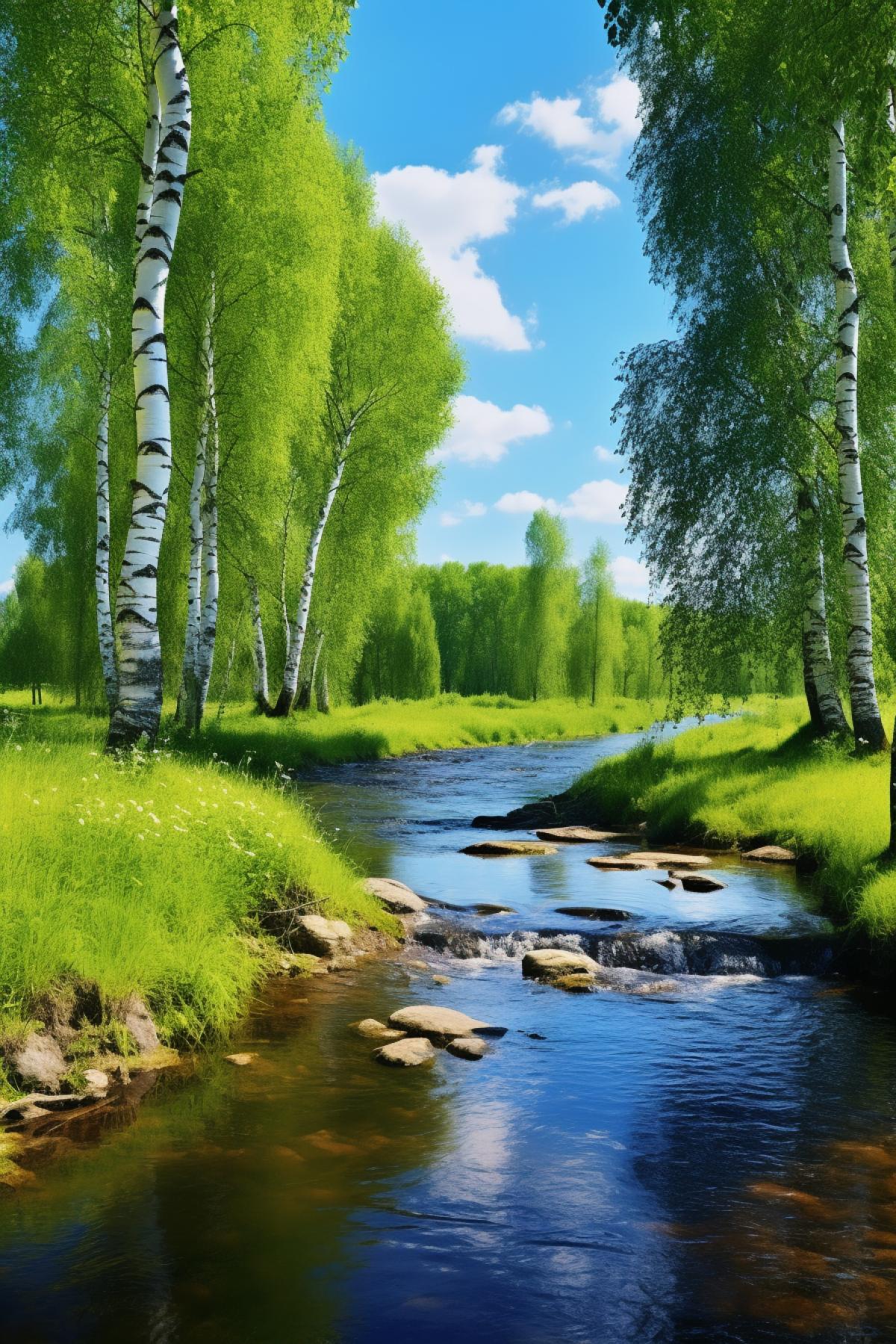 nature naturalism, river, birch, blue sky, 4k